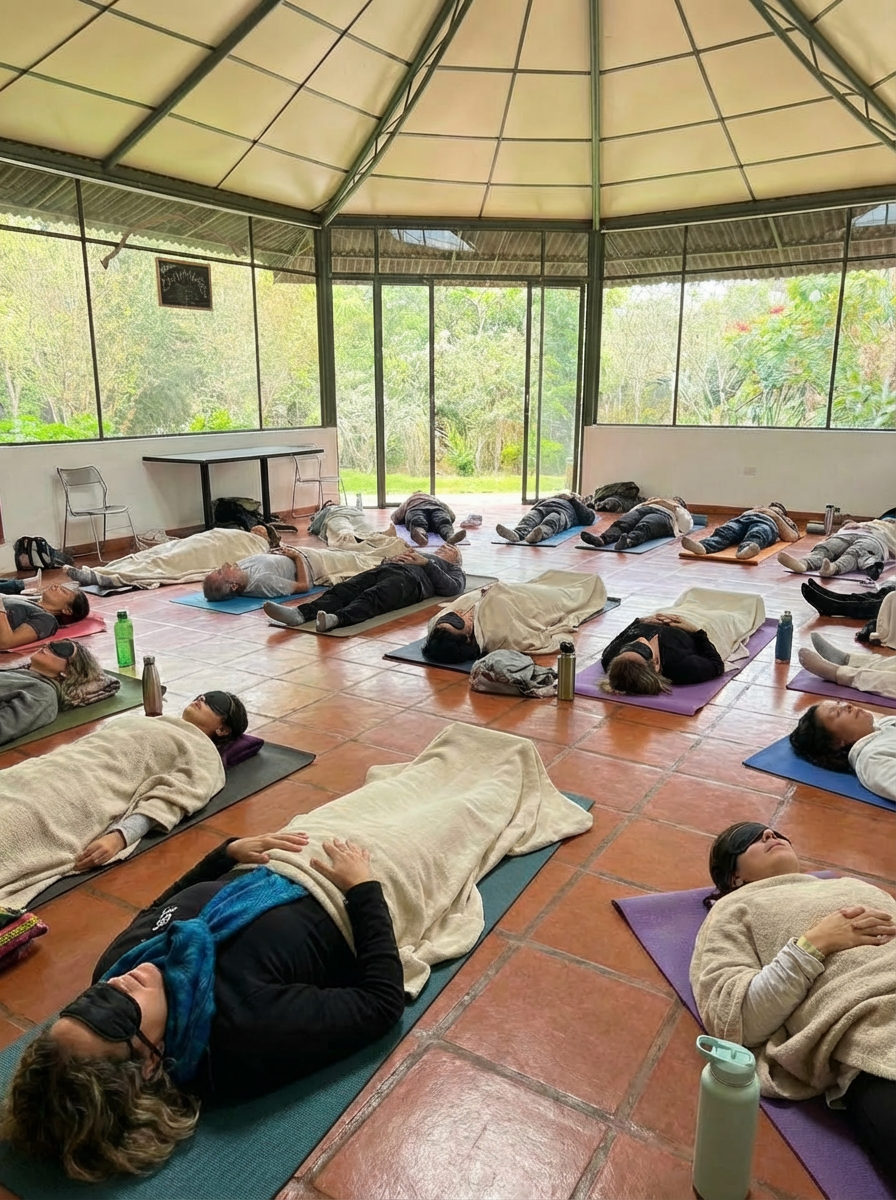 Participantes recostados durante una sesión de respiración